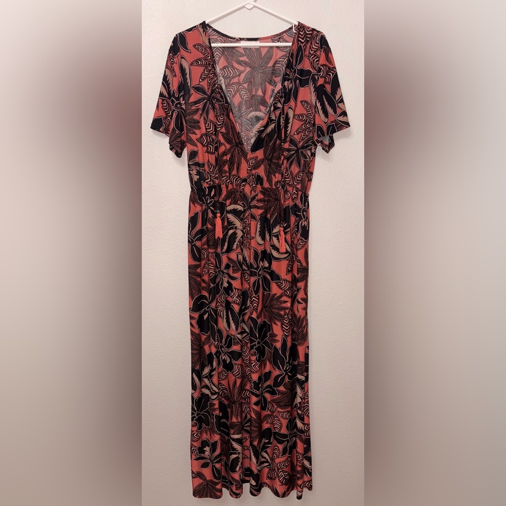 Seven Islands Coral Tropical Print Midi Dress Tassel Tie Waist Size 2X